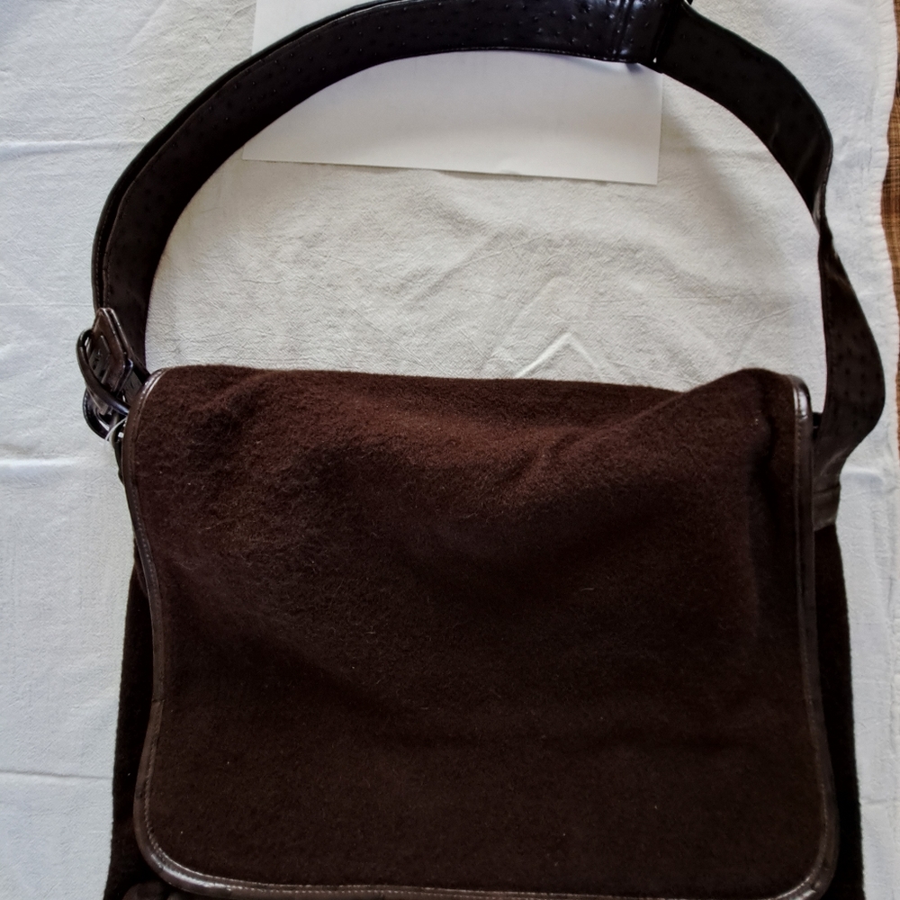 Bueno soft satchel briefcase, mailbag style, brown mohair and ostrich look.